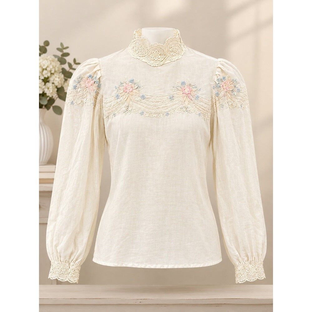 Vtg 70s 80s Alexandria High Neck Blouse Size 6 Linen Cotton Embroidered Lace Top
